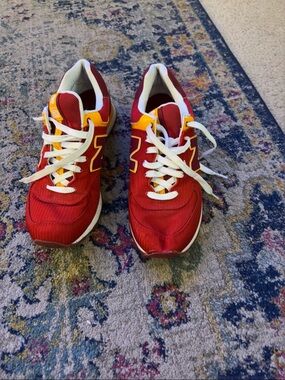 New Balance 574 Red and Yellow Retro Runner Sneakers size 9